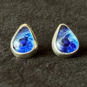 Blue Glass Sterling Silver Stud Post Teardrop Earrings Poured 925 Modernist Art